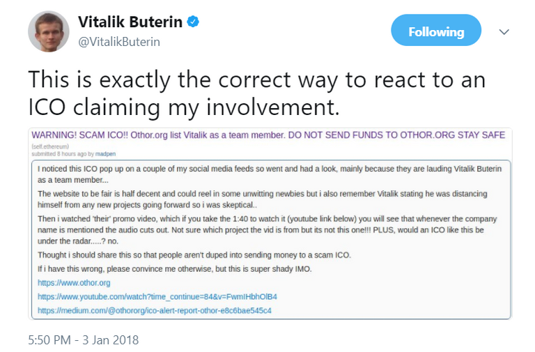 Vitalik Buterin on Twitter   This is exactly the correct way to react to an ICO claiming my involvement  https   t co v5Sw0N51l3 .png