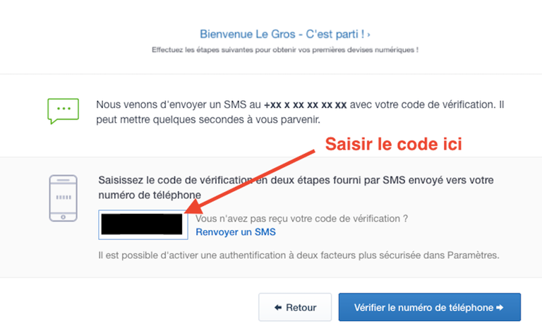 Saisir le code envoyé par SMS