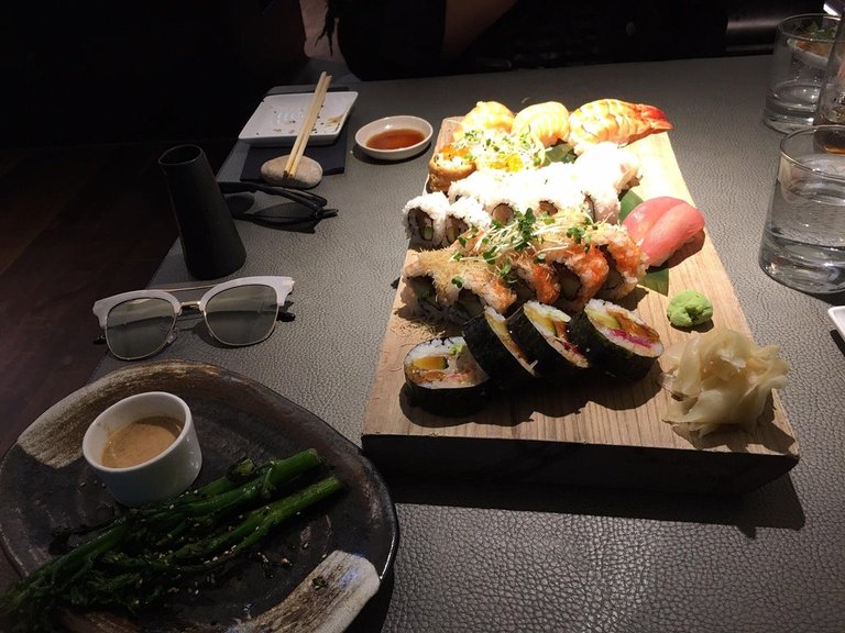 Wonderful taste Sushi platter with a side of asparagus.jpg