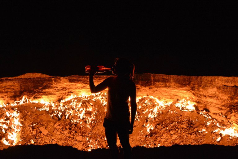 610 Mongol Rally : Turkmenistan : Darvaza : Door to Hell : Say No to Yoga Poses. They don't serve cold beer in hell, I checked..jpg