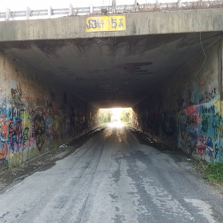 Center approach to a graffitied overpass