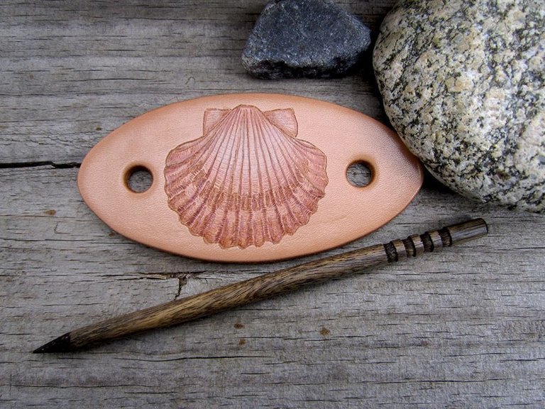 Scallop Shell Leather Barrette with Wooden Stick Pyrography 1a.jpg