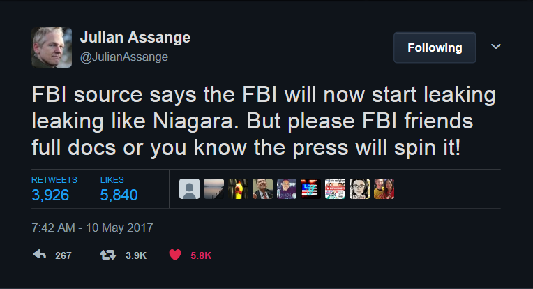 Julian Assange on Twitter   FBI source says the FBI will now start leaking leaking like Niagara. But please FBI friends full docs or you know the press will spin it  .png