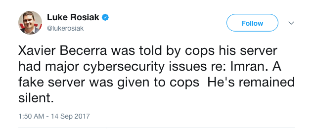 Luke Rosiak on Twitter   Xavier Becerra was told by cops his server had major cybersecurity issues re  Imran. A fake server was given to cops He s remained silent. .png