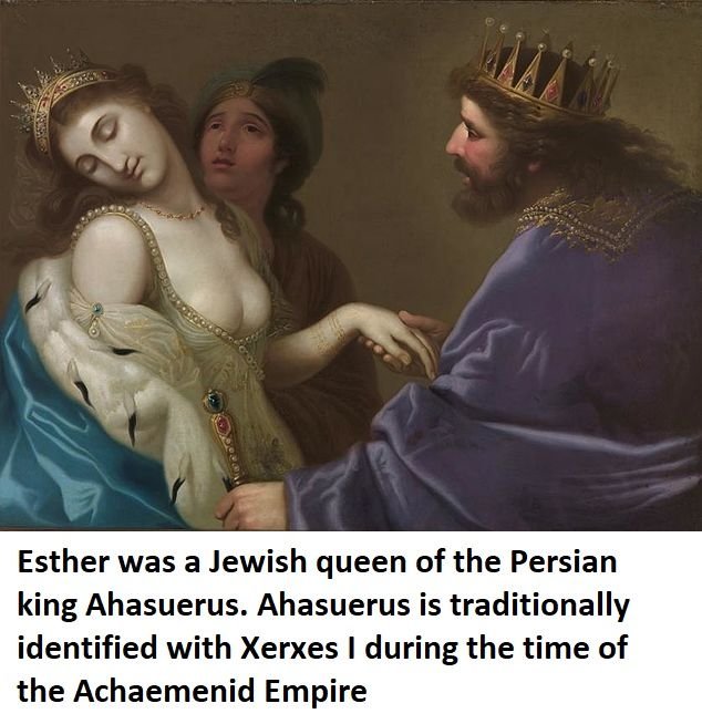 Esther was a Jewish queen of the Persian king Ahasuerus. Ahasuerus is traditionally identified with Xerxes I during the time of the Achaemenid Empire.jpg