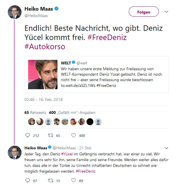 Heiko Maas auf Twitter   Endlich  Beste Nachricht  wo gibt. Deniz Yücel kommt frei.  FreeDeniz  Autokorso…  .jpg