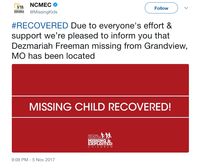 NCMEC on Twitter    RECOVERED Due to everyone s effort   support we’re pleased to inform you that Dezmariah Freeman missing from Grandview  MO has been located https   t.co NcOgNgGfMn .png