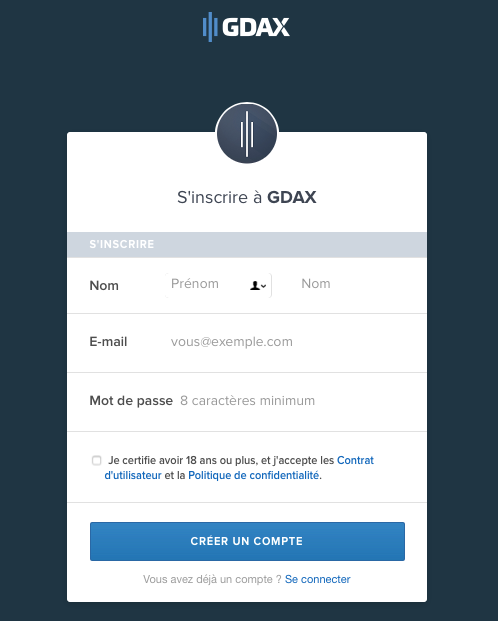 Menu d'inscription sur GDAX