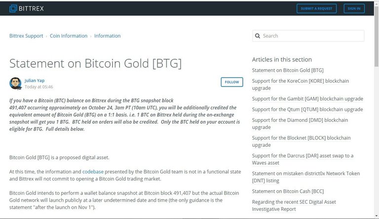 bittrex support Bitcoin Gold