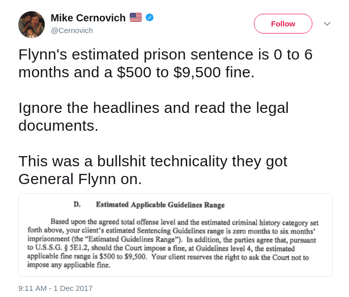 Mike Cernovich 🇺🇸 on Twitter: "Flynn's estimated prison sentence is 0 to 6 months and a $500 to $9,500 fine. Ignore the headlines and read the legal documents. This was… https:--t.co-iFsgVWvAV8" - Chromium_002.png