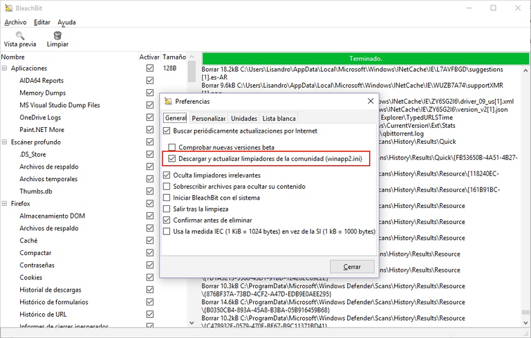 BleachBit descarga una copia de winapp2.ini para obtener más entradas de limpieza