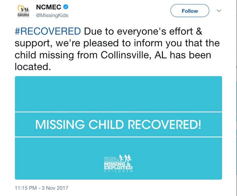 NCMEC on Twitter    RECOVERED Due to everyone s effort   support  we re pleased to inform you that the child missing from Collinsville  AL has been located. https   t.co Gmne4UP8bt .png
