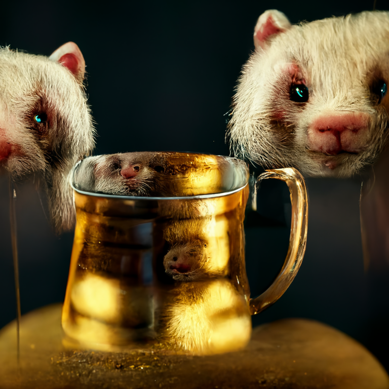 reflection of an alcoholic ferret in a tankard of ale, carbonation, deep gold, photo realistic, hyper detailed, cinematic, trending in artstation, animation, focused lighting