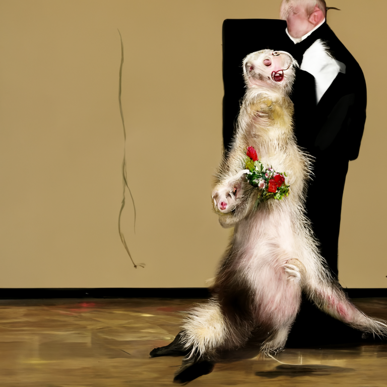 friendly alcoholic ferret doing the waltz in a ballroom