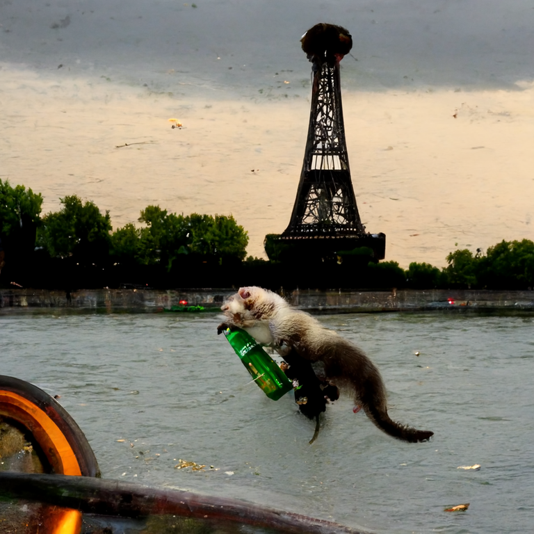 prompt: alcoholic ferret riding on an empty wine bottle down the Seine River, eiffel tower