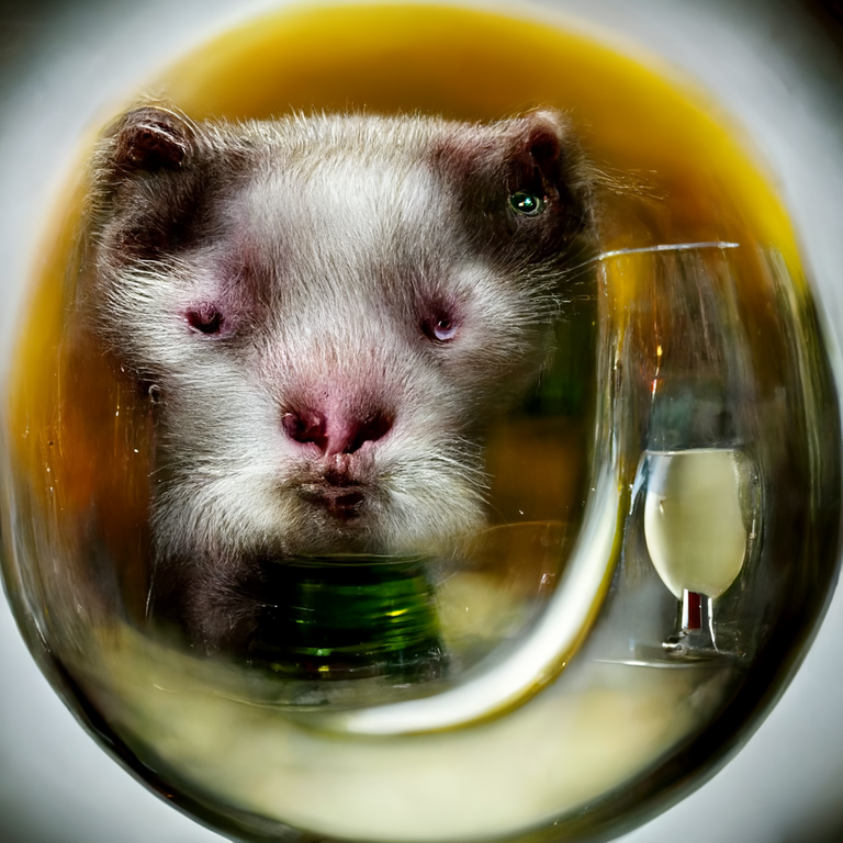 alcoholic ferret staring into a glass of white wine that has the universe within it