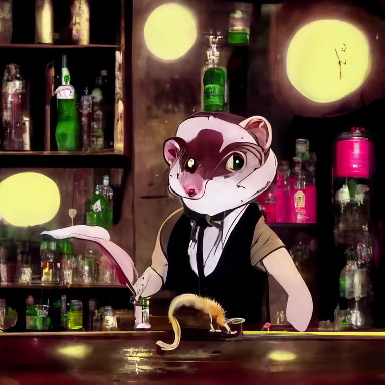 Alcoholic ferret bartender at a swank speakeasy, anime, cinematic, high octane