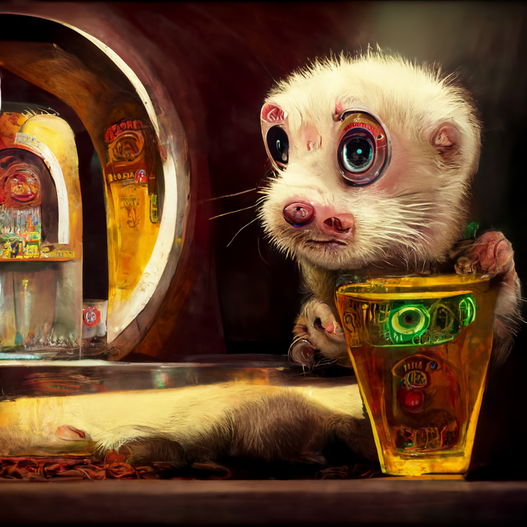 alcoholic ferret inside a retro futuristic tavern, cute, hyper realistic, big eyes, pixar, disney, Alphonse Mucha