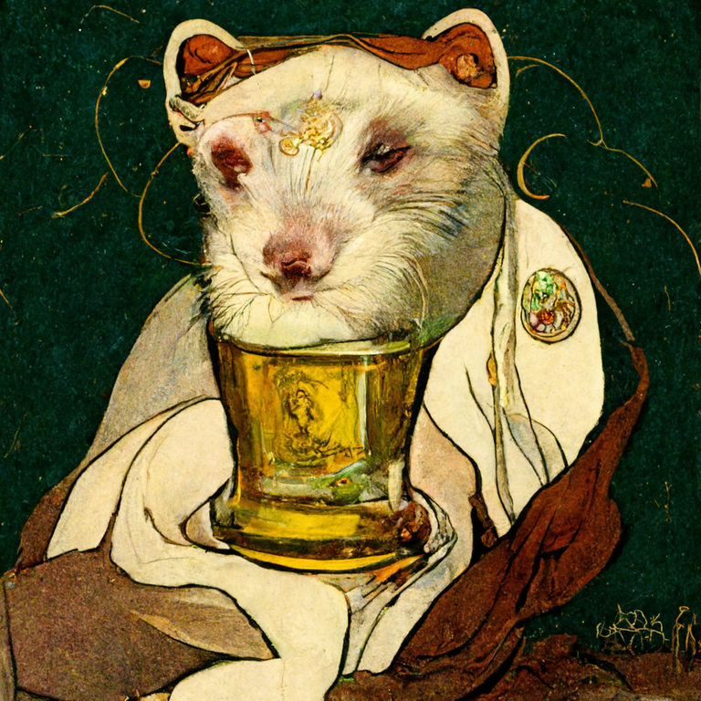 prompt: alcoholic ferret by Alphonse Mucha