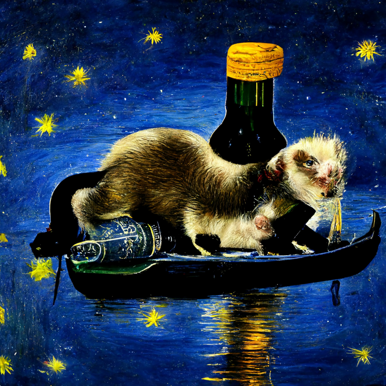 prompt: alcoholic ferret riding on an empty wine bottle down the Seine River, starry night