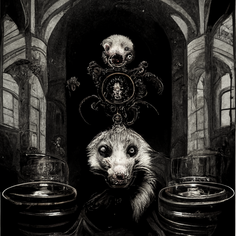 full page scan of 1800s detailed concept art of alcoholic ferret, baroque style, rococo, occult, dark art, illustration, symmetry, decay, post apocaliptic, desaturated, 8K matte, concept art