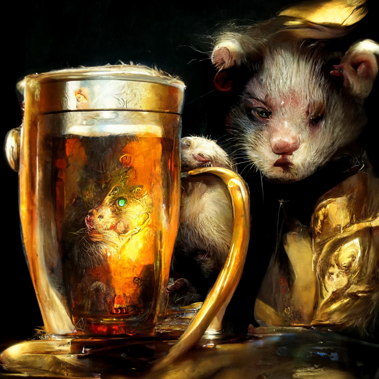 prompt: reflection of an alcoholic ferret in a tankard of ale, carbonation, deep gold, photo realistic, hyper detailed, cinematic, trending in artstation, ominous, animation, focused lighting by Artgerm, Yoshitaka Amano, Tomer Haunka, Gerald Brom, Alphonse Mucha