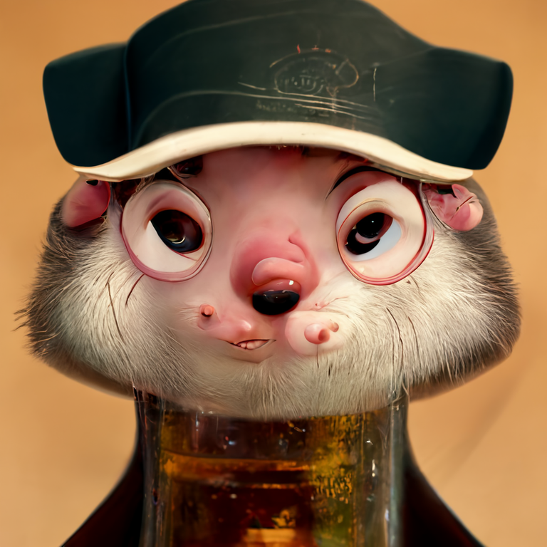 pixar alcoholic ferret, hat, monoculars, character concept art, dingy tavern, big cute eyes, Disney, art render