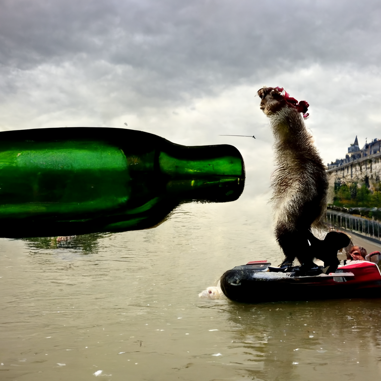 prompt: alcoholic ferret riding on an empty wine bottle down the Seine River