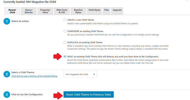 reset child theme