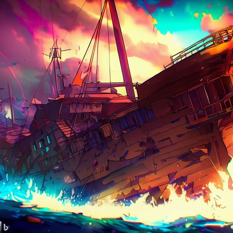 4k anime style old  ship sinking , vibrant colors, sharp looking , chaos everywhere 