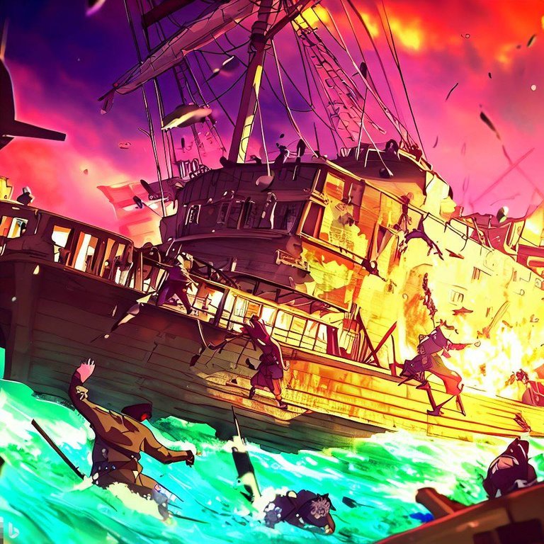 4k anime style old  ship sinking , vibrant colors, sharp looking , chaos everywhere , soldiers attacking the ship