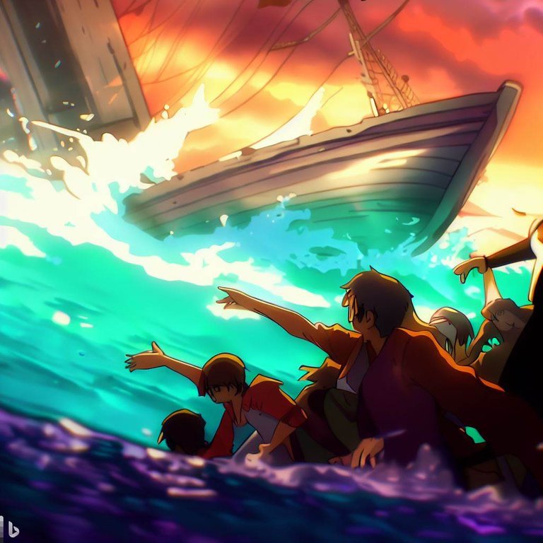 4k anime style escaping people with small boat from sinking ship , vibrant colors, sharp looking 