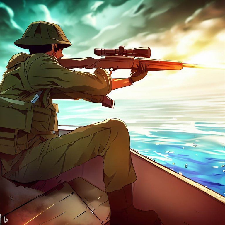 a soldier shooting from a rifle sitting in the boat, anime style 