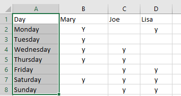 selecting cells in excel