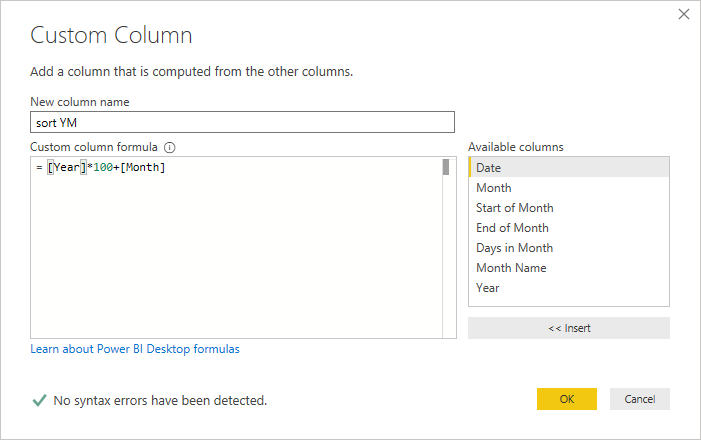 custom column power query for date table