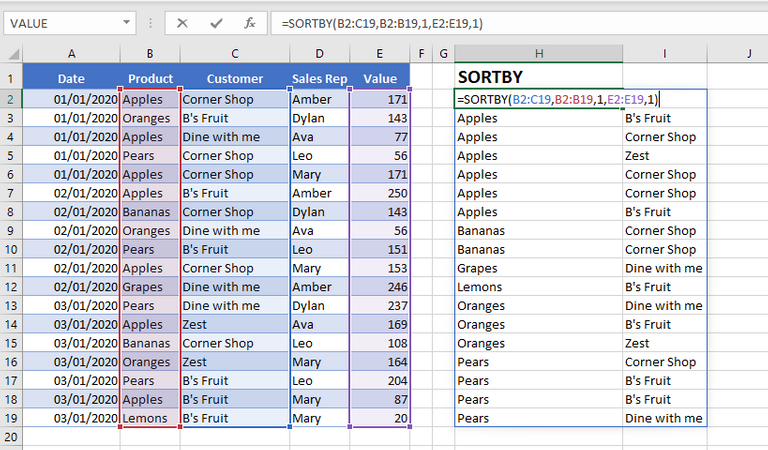 sortby in Excel