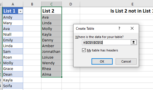 compare two lists or data sets in Excel