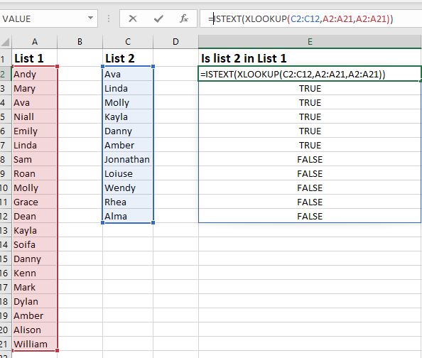 compare two list, two columns or two datasets in excel