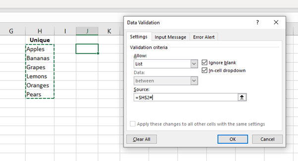 data validation in Excel