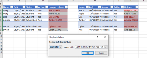 compare two list, two columns or two datasets in excel