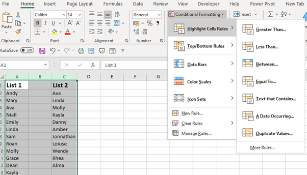 compare two lists in excel