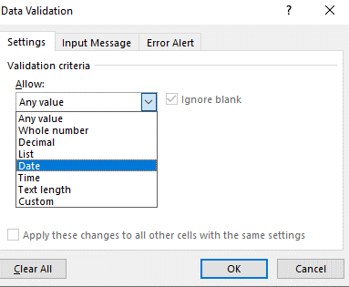 data validation in Excel