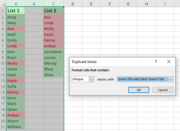 compare two lists in excel