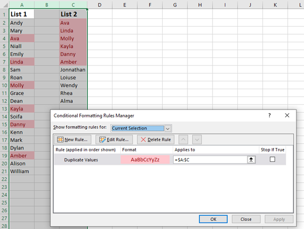 compare two lists in excel