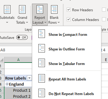 pivot table report format