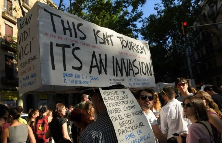 Protest against tourists by the locals in Barcelona