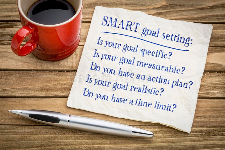 SMART goal setting - napkin concept. Tips and questions on SMART goal setting - handwriting on a napkin with a cup of coffee stock images