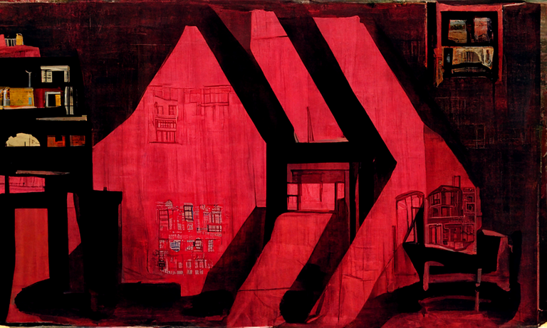 a silk screen of an apartment by Sally Haley