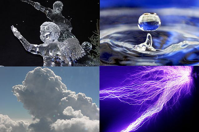 The four common states of matter. Clockwise from top left, they are solid, liquid, plasma, and gas, represented by an ice sculpture, a drop of water, electrical arcing from a tesla coil, and the air around clouds, respectively.