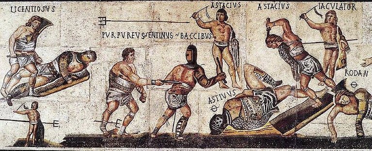 credit: Villa Borghese gladiator mosaic (CIL VI 10206 (sic, not 10296) = AE 1991, 78)-Wikipedia